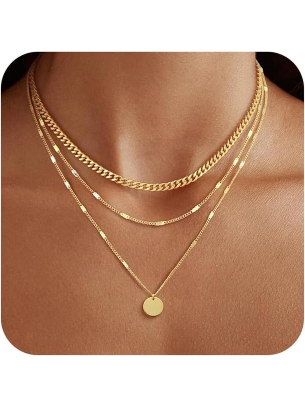 14K Gold Plated Layered Necklaces For Women Gold Necklace Set, Cuban Link